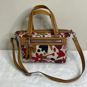 Fossil Dawson floral fabric with leather trim bag.